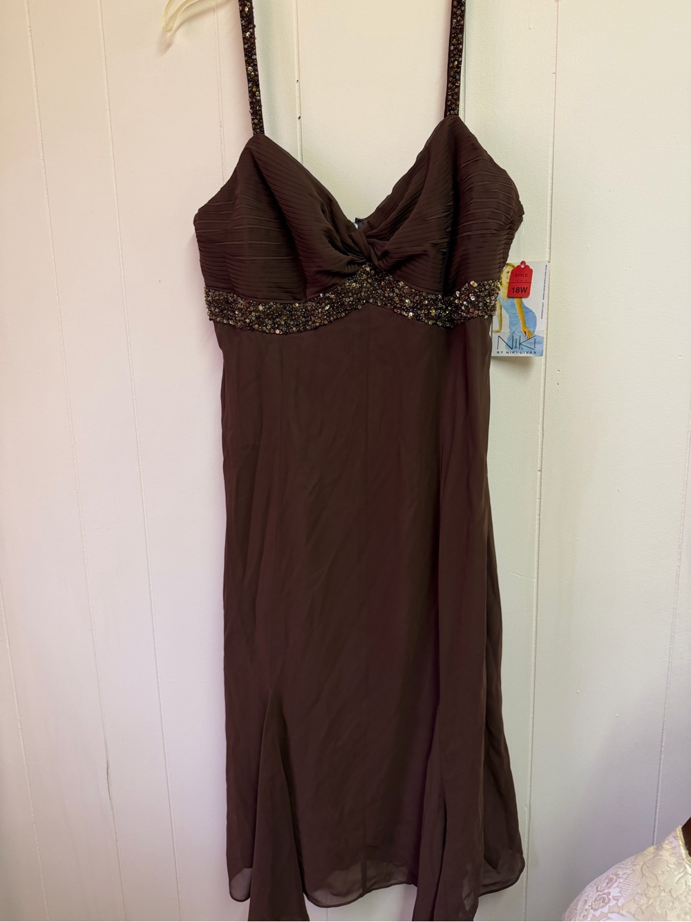 Niki Livas-Elegant Brown Beaded Spaghetti-Strap Dress